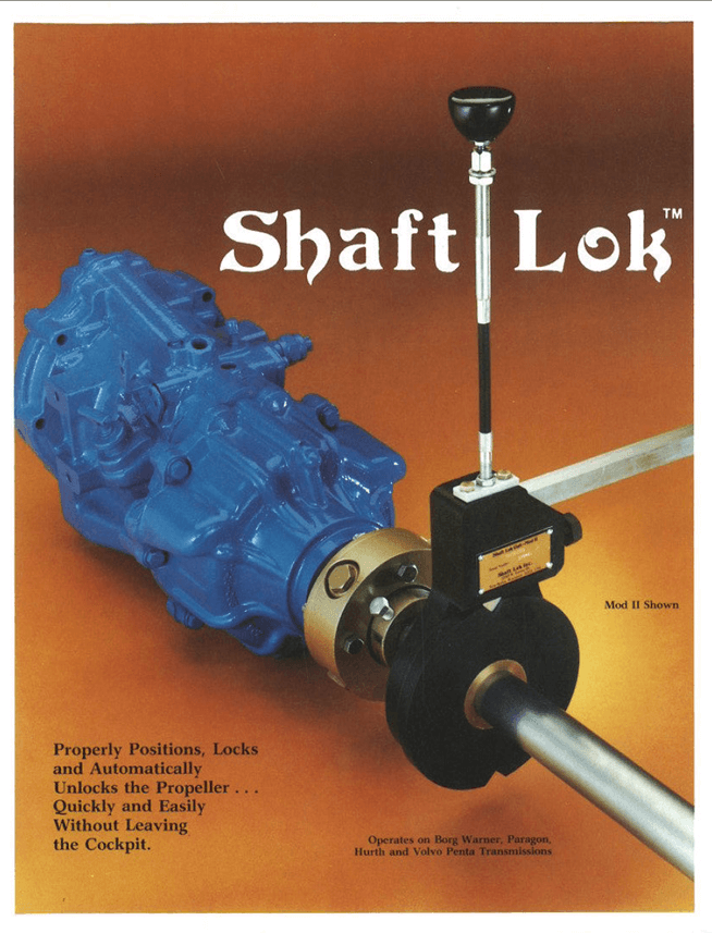 Shaft Lok marine propeller control system brochure showing traditional blue transmission housing design for sailboats